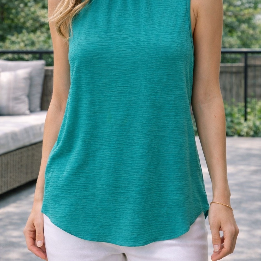 Rielle Sleeveless Blouse Size Large Teal Ruffle Neck Tank Top